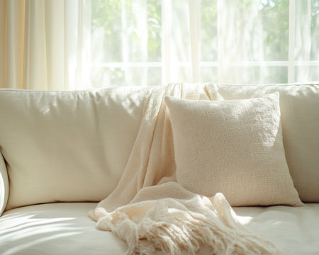 A minimalist image depicts a serene therapy setting with a white couch, flowing blanket, and diffused light This calming scene, representing amnesia therapy, evokes tranquility and healing Ideal for mental health content, it portrays the essence of therapeutic environments and relaxation techniques through memory aids AI Generativeの素材