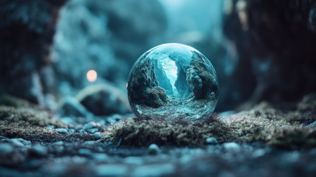 Witness a mesmerizing reflective dome showcasing fractured scenery with geometric precision Its surface captures unique perspectives and distorted reflections, revealing detailed patterns Experience the stunning visual impact as this sphere transforms the view, bringing a captivating new world to light Dive into this distorted beauty AI Generativeの素材