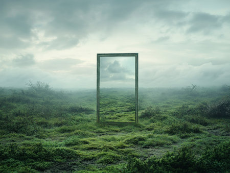 A solitary mirror reflects a stormy horizon, blending realism and illusion Muted colors and atmospheric perspective create a dreamlike scene This fusion of natural elements and distorted reflection invites introspection Perfect for art lovers seeking the extraordinary, it's a visual meditation on perception and reality AI Generativeの素材