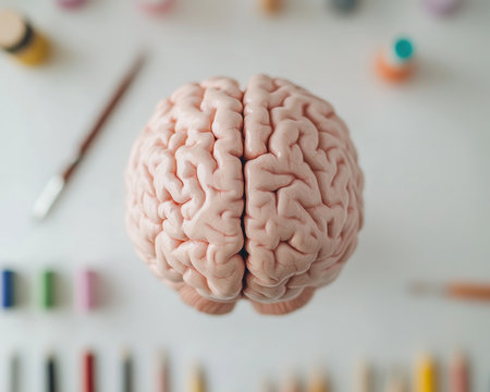 This vibrant brain art celebrates the fusion of creativity and cognition Witness artistry fueling the mind, blending innovation with cognitive function Tools of creation surround a cerebral canvas, inspiring artistic expression and showcasing the link between brainpower and creativity Explore the power of visual thinking where art meets science in AI Generativeの素材