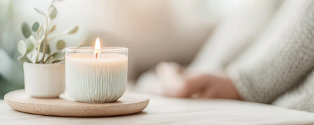 A softly glowing candle melts in a glass jar on a light wood tray, its wax revealing images of a fading past and emotional memory Beside it, a small green plant adds warmth A blurry figure in the background hints at comfort, completing this soothing, transient scene AI Generativeの素材