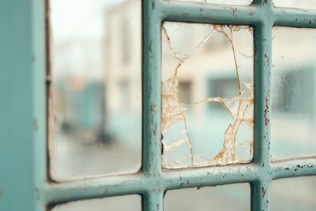 Discover beauty in imperfection with a fragmented image reflected in cracked glass A broken window pane offers an abstract, geometric glimpse of the world beyond Shattered surfaces create an intriguing visual puzzle, enhancing the depth and mystique of this captivating scene Explore the allure of fractured perspectives AI Generativeの素材