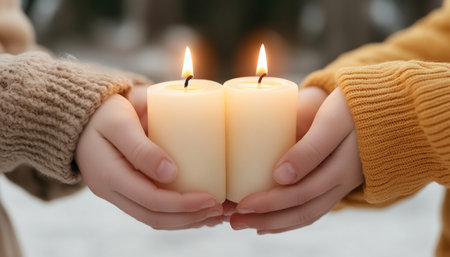 Candles flicker, uniting family in remembrance This poignant image evokes mourning, reflection, and peace as they honor passed loved ones The gentle flames illuminate memories, bridging generations and worlds through shared traditions A heartfelt tribute, finding solace in connection and timeless love AI Generativeの素材