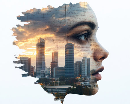A digital collage unfolds a modern memoir, layering journal entries and visuals to explore urban experiences across time This compelling narrative blends past and present, inviting reflection on life's journey through overlapping elements It's a thoughtful visual story, a personal history beautifully told AI Generativeの素材