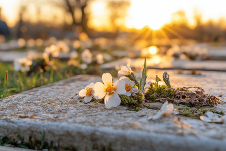 A white memorial plaque, adorned with delicate tributes and funeral flowers, captures a life well-lived Bathed in the soft glow of the setting sun, the scene evokes remembrance and peace This floral memorial honors a loved one with quiet dignity and gentle beauty AI Generativeの素材