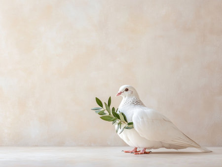 This delicate dove, bearing an olive branch, embodies remembrance, hope, and new beginnings It's a tranquil, serene image invoking reflection and resilience, ideal for memorial designs and other projects Its natural charm and timeless theme offer a calming presence, perfect for a variety of uses AI Generativeの素材