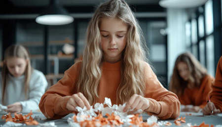 These images showcase students immersed in a vibrant arts and crafts session, fostering creativity and teamwork Young minds collaborate, crafting with diverse materials, building artistic skills and working together The photos capture hands-on learning and artistic expression, a perfect start to the new school year AI Generativeの素材