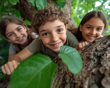 This vibrant stock photo captures the spirit of adventure with friends climbing a tree, their joyful smiles radiating camaraderie Lush green leaves frame their teamwork, embodying freedom and childhood fun Perfect for promoting outdoor activities and community, this image evokes pure joy in nature AI Generativeの素材