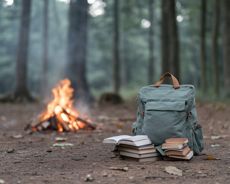 A backpack brimming with books sits before a crackling fire in a serene forest, symbolizing a journey of learning and outdoor adventure Books spill out, merging intellectual discovery with the thrill of exploration Embrace nature, nourish your mind, and wander with wonder in the wilderness AI Generativeの素材
