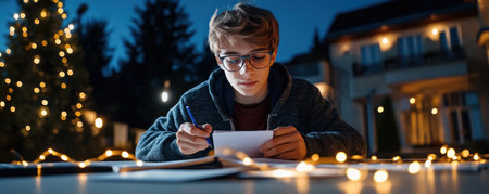 Late night, a student intensely studies flashcards at their desk, laser-focused on memory retention The warm glow of a decorated Christmas tree and soft lights fill the beautiful house setting This dedicated practice aims to enhance memory power and academic performance through focused study AI Generativeの素材