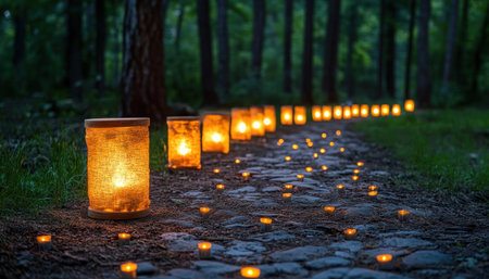 A path of flickering flames cuts through darkened woods, illuminated by candles and lanterns This serene night-time memorial offers a tranquil path of remembrance, guiding with soft, glowing light It's a farewell imbued with hope, creating a peaceful atmosphere with each flickering luminary AI Generativeの素材