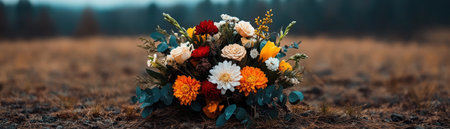 A windswept hill hosts a poignant floral tribute, vibrant blooms contrasting with the muted landscape This image embodies remembrance and loss, where nature's embrace offers solace A beautiful bouquet stands as a gentle farewell, a testament to love and lasting memory AI Generativeの素材
