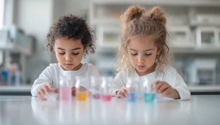 Kids' science lab adventures burst with color as they explore liquids, their faces alight with wonder This captures the joy of indoor, playful learning through hands-on STEM activities Vibrant hues and infectious enthusiasm showcase the fun of education and discovery, promoting early scientific curiosity in a controlled setting Perfect for AI Generativeの素材