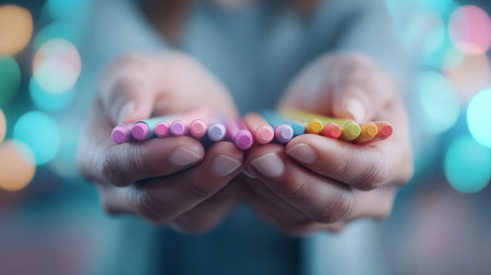 A teacher displays vibrant stationery, a symbol of a fresh, colorful school year The array of colored pencils evokes learning's excitement and potential Perfect for back-to-school promotions, this image captures the beauty of education, highlighting diverse, appealing supplies and student preparation AI Generativeの素材