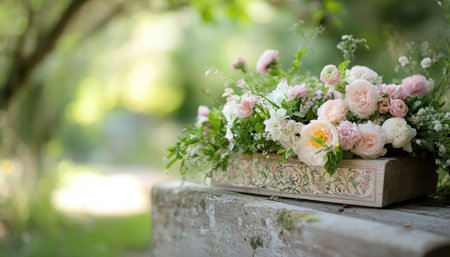 A serene funeral scene depicts an ornate coffin or keepsake box nestled beside a grave in a peaceful, natural setting Elegant inlay work on the classic wooden box and fresh floral arrangements evoke reflection and remembrance This tranquil image captures the delicate beauty of mourning and love AI Generativeの素材
