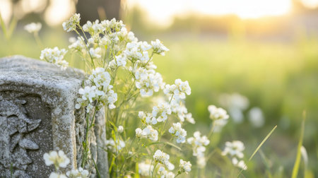 A weathered tombstone, intricately carved, stands amidst a wildflower meadow Golden dusk light bathes the serene scene, contrasting stone and nature Tranquility and remembrance intertwine, showcasing a poignant beauty This captures a delicate balance between life, art, and nature AI Generativeの素材