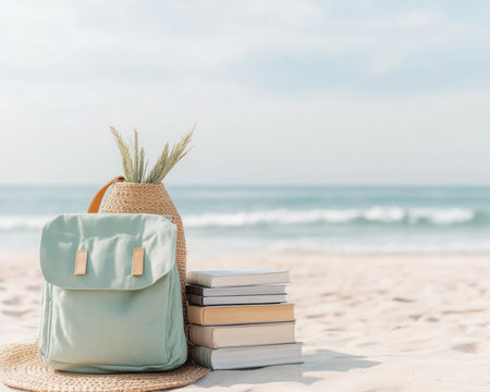 A turquoise backpack and books on golden sand meet gentle ocean waves, capturing the essence of coastal learning This image blends leisure and intellectual growth, perfect for educational or travel themes It showcases the seamless harmony between relaxation and knowledge seeking through visual storytelling AI Generativeの素材