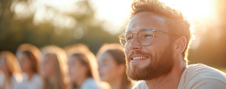 A teacher guides a lively outdoor discussion, bathed in warm sunlight Students actively share ideas, creating an engaging learning environment Bright light and cheerful expressions capture the joy of collaborative discovery and participation This image is ideal for education and learning materials, showcasing the benefits of outdoor learning AI Generativeの素材