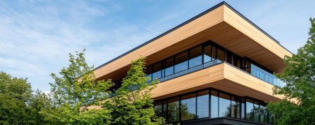 This image captures a modern educational complex, where sleek architecture meets lush greenery The building gracefully integrates with nature, creating a tranquil learning environment It showcases a harmonious blend of contemporary design and eco-conscious planning, highlighting the synergy between innovative structures and nature's calming presence AI Generativeの素材