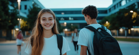 Bright backpacks signal a fresh start as students buzz with excitement, preparing for the new school year Youthful enthusiasm radiates as they embark on their learning journey These back-to-school images capture the hopeful spirit and renewed purpose of eager minds ready for growth, sharing the positive atmosphere of a new AI Generativeの素材