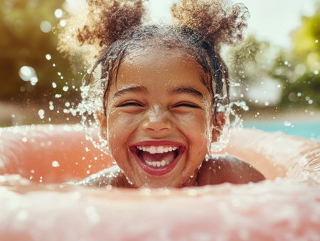A vibrant pool scene bursts with summer joy as friends splash, laughter echoing their carefree spirit Playful friendship radiates from the image, where bright colors and contagious smiles perfectly capture youthful exuberance Dive into the warmth and fun of summer with this scene of pure happiness AI Generativeの素材
