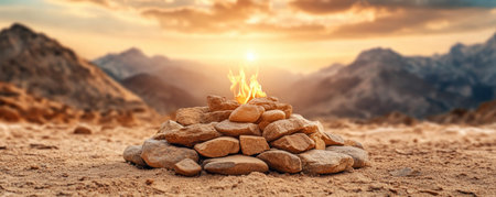 Immerse yourself in a serene desert landscape where ancient rituals unfold A stone circle and offerings surround a memorial, illuminated by a golden fire Mountains rise in the background, evoking peace and eternity This sacred space offers solace, embodying time-honored traditions and a profound sense of spiritual tranquility AI Generativeの素材