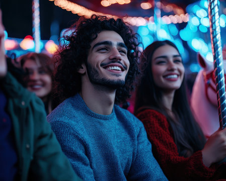 This image captures the magic of friendship with friends joyfully riding a carousel Colorful horses and happy expressions create a nostalgic celebration, perfect for heartwarming memories The vibrant scene embodies fun, laughter, and cherished moments, ideal for themes of friendship and joyful nostalgia It's a beautiful moment to treasure for AI Generativeの素材