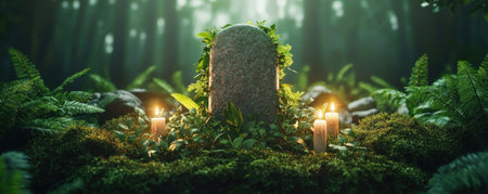 A candlelit headstone in a forest evokes serene remembrance Feel the emotional peace in this tranquil memorial scene, honoring tradition amidst nature's beauty It symbolizes love and respect, the light of memory guiding towards solace within quiet greenery A peaceful path for reflection AI Generativeの素材