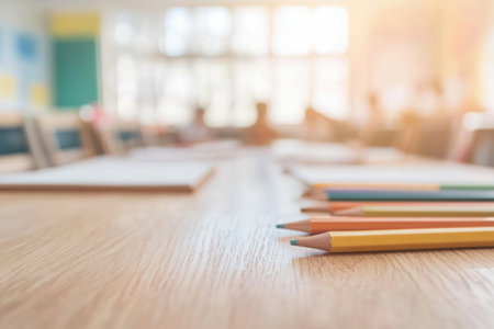 A vibrant classroom teems with students, their creativity unleashed in diverse projects Colorful supplies adorn wooden desks, ready for a year of innovation Collaboration and active learning fill the space, as they prepare for the year ahead, showcasing artistic talents in an environment designed for growth and self-expression AI Generativeの素材