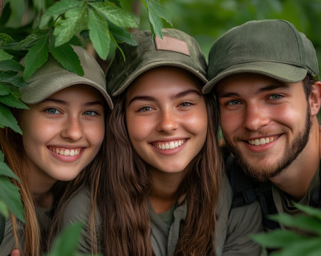 A vibrant image of friends climbing a tree, their happy smiles beaming against the green leaves This snapshot captures the essence of outdoor adventure, teamwork, and friendship Freedom and joy radiate from their faces as they explore nature together, making this a truly memorable moment of fun and discovery AI Generativeの素材