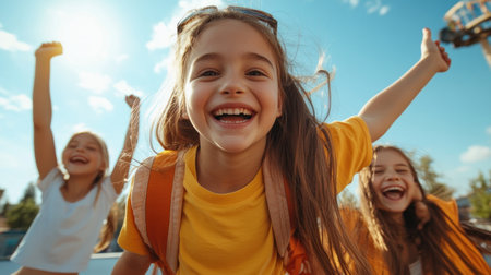 Sun-drenched, joyous kids leap on a trampoline, their laughter echoing with boundless energy Vibrant colors and mid-air poses capture pure happiness and freedom This dynamic shot perfectly illustrates childhood fun, active lifestyles, and outdoor adventures Celebrate the infectious spirit of play and youthful exuberance with each vibrant jump AI Generativeの素材