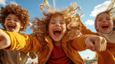 This vibrant photo captures the pure joy of childhood with excited kids jumping on a trampoline Their dynamic mid-air poses and bright surroundings radiate happiness and freedom This image is a perfect portrayal of lighthearted fun and pure delight, ideal for projects needing an uplifting and exuberant feel AI Generativeの素材