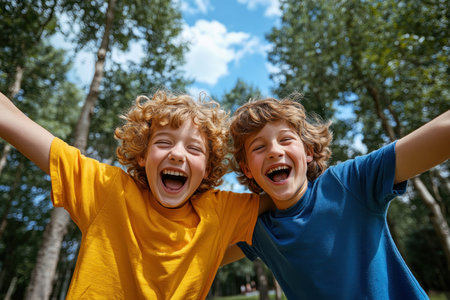 Sun-drenched park, excited kids blur in motion, chasing with joyous laughter under a bright blue sky This vibrant image captures pure childhood happiness and outdoor fun Radiant smiles and blurred action highlight the beauty of innocence, perfect for themes of play, recreation, and active lifestyles AI Generativeの素材