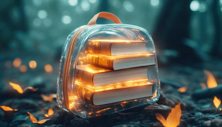 Step into a realm where fantasy intertwines with function This clear backpack, filled with miniature, glowing books, is a magical vision in orange It's a unique, creative design that's both practical and stunningly beautiful The ethereal light and tiny books create a visually captivating image showcasing the love of stories AI Generativeの素材