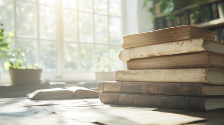 Evoking classic learning, this vintage-style study corner image showcases a stack of aged books on a wooden desk bathed in warm natural light The scene captures a timeless pursuit of knowledge, ideal for education, history, or literary projects, embodying scholarly heritage and a peaceful study time AI Generativeの素材