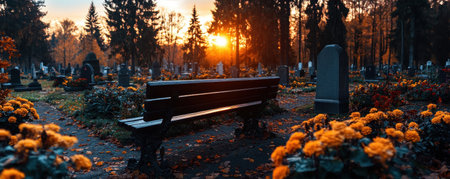 A solitary memorial bench sits near a tombstone, bathed in a golden sunset This serene cemetery scene offers quiet solitude, twilight shadows gently embracing resting places The warm light creates a reflective, melancholic, and peaceful mood, ideal for backgrounds, projects, and prints AI Generativeの素材