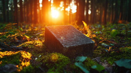Sunlight bathes an ancient tombstone in a secluded forest clearing, creating a serene scene of timeless solitude Nature's beauty embraces this historical marker, revealing its quiet story The tranquil, sunlit setting evokes a mysterious and magical atmosphere, inviting exploration of the old grave nestled within the woods AI Generativeの素材