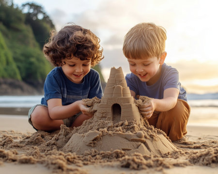 This heartwarming image captures the joyful innocence of children building sandcastles on a sun-kissed beach Golden light illuminates their playful creativity as gentle waves roll in Evoking summer vacation memories, it showcases the simple beauty of nature and childhood exploration Perfect for capturing a carefree spirit AI Generativeの素材