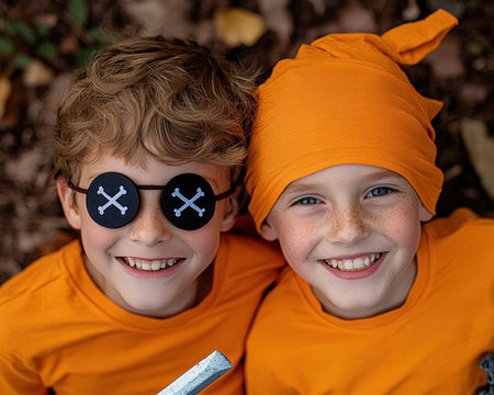 Witness the pure joy of childhood as kids transform into pirates! Backyard adventures come alive with eyepatches, toy swords, and boundless imagination These captivating images showcase the magic of play, turning an ordinary day into an extraordinary pirate escapade, creating fun-filled memories AI Generativeの素材