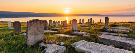 A coastal cemetery, headstones gazing over the ocean, offers a serene scene where life and death intertwine A tranquil sunset illuminates this timeless landscape, the graves meeting the water's edge The land and sea's gentle dance symbolizes peace and eternity This old cemetery stands as a quiet memorial to lives AI Generativeの素材