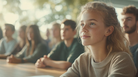 This vibrant classroom buzzes with collaborative energy Students actively engage in group discussions, fostering teamwork and shared learning The scene highlights the power of active participation in a modern, inclusive setting where open communication and a supportive atmosphere fuel academic development and growth AI Generativeの素材