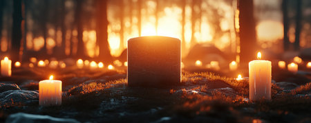 Candlelight softly illuminates a forest clearing, evoking a solemn, peaceful scene Countless glows create a tranquil, vigil-like atmosphere, fostering comfort and emotional connection A gentle reminder of remembrance and reverence permeates this natural space, honoring tradition amid the trees AI Generativeの素材