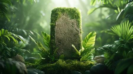 A moss-covered tombstone rests serenely in a secluded forest clearing, bathed in dappled sunlight This image captures timeless solitude where natural beauty and mystery intertwine Explore the aged stone, surrounded by lush flora, and find tranquility in this isolated, historic landscape A testament to history and nature's embrace AI Generativeの素材