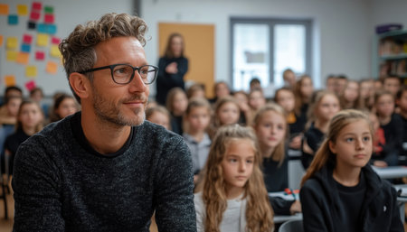 This image captures a lively classroom scene: a teacher guiding a student presentation, fostering focused energy Attentive student faces and the teacher's involved expressions highlight engaged learning Effective guidance creates a dynamic educational opportunity, showcasing active education in action through a powerful interplay between teacher and students AI Generativeの素材