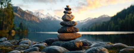 Experience tranquility in a scene of stacked stones atop a headstone, a time-honored ritual rich in emotion This peaceful monument by the lake symbolizes balance, stability, and reflection A calming stone pile nestled in nature invites spiritual journey, mindful practice, and peaceful remembrance AI Generativeの素材