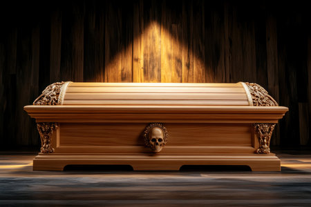 A somber yet serene image captures a wooden coffin within a mausoleum, adorned with spiritual symbols This striking visual represents the end of life's journey and the beginning of eternity in a sacred space It's a solemn, beautiful depiction of peace, heritage, remembrance, and the profound significance of this passage AI Generativeの素材