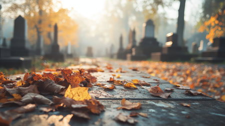 Experience tranquility in an autumn cemetery Modern memorials stand amidst a vibrant landscape of gold and brown leaves Serene views invite reflection as nature and memory intertwine Discover a peaceful space where scattered leaves create a mosaic of remembrance, embodying the spirit of autumn serenity AI Generativeの素材