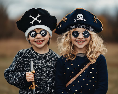 Witness adorable little pirates embark on a backyard adventure! These charming children, with eyepatches and toy swords, create a world of make-believe through imaginative play Perfect for party themes or playful moments, their swashbuckling games capture the joy and excitement of childhood It's a treasure trove of pure fun! AI Generativeの素材