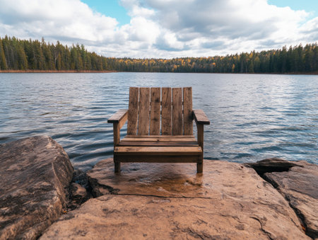 A lone wooden chair beside a tranquil lake reflects loss and solitude Lush forest and cloudy skies frame this serene, somber scene The stillness speaks volumes, offering solace in nature's simple, reflective beauty Discover a poignant moment where silence embraces the weight of emotion AI Generativeの素材