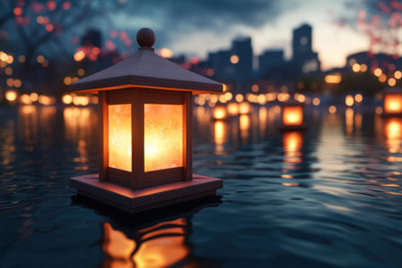 Witness a serene nighttime vigil where flickering lanterns drift on a tranquil river, creating a peaceful memorial atmosphere The soft, warm glow evokes solemn reflection, a beautiful farewell This poignant scene celebrates life's cycle, offering solace and remembrance as the lanterns gently float away AI Generativeの素材